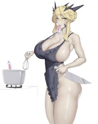 Rule 34 | 1girl, apron, artoria pendragon (fate), artoria pendragon (lancer alter) (fate), ass, bare shoulders, blonde hair, blue apron, braid, breasts, chewing, cleavage, cooking, cowboy shot, eu03, fate/grand order, fate (series), fou (fate), french braid, hair between eyes, hair bun, highres, holding, holding knife, huge breasts, knife, naked apron, pale skin, pot, revealing clothes, sideboob, sidelocks, single hair bun, solo, standing, stove, thick thighs, thighs, veins, whisk, yellow eyes