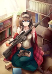 Rule 34 | 1girl, bare shoulders, blue eyes, book, bookshelf, breasts, brown hair, chair, curtains, gun, h&amp;k psg1, hairband, handgun, highres, hiroki ree, idolmaster, idolmaster cinderella girls, jewelry, light smile, long hair, looking at viewer, medium breasts, necklace, off-shoulder, off-shoulder sweater, pendant, pistol, plant, potted plant, ribbed sweater, rifle, rug, sagisawa fumika, shawl, sitting, smile, sniper rifle, solo, sweater, weapon, wooden floor