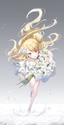 Rule 34 | 1girl, 62135409 (artist), absurdres, ballet slippers, blonde hair, blue eyes, blush, bouquet, dress, facing viewer, flower, full body, gradient background, hair flower, hair ornament, highres, holding, holding bouquet, kagamine rin, light particles, long hair, looking at viewer, project sekai, smile, solo, splashing, very long hair, vocaloid, water, white dress, white flower