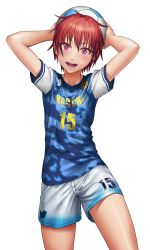 Rule 34 | 1girl, absurdres, arms up, artist name, ball, female focus, highres, holding, holding ball, looking at viewer, nakanocchi, open mouth, original, purple eyes, red hair, reverse trap, shorts, simple background, soccer ball, soccer uniform, solo, sportswear, tomboy, twitter logo, white background