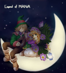 Rule 34 | 1boy, 1girl, ankle boots, boots, brown footwear, brown legwear, closed eyes, copyright name, crescent moon, feathers, flower, flower wreath, gilbert, gilbert (lom), green hat, hair flower, hair ornament, hat, instrument, leaf, legend of mana, monique, monique (lom), moon, music, night, night sky, on crescent, pants, plant, playing instrument, seiken densetsu, sitting, sky, star (sky), starry sky