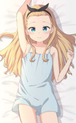 Rule 34 | 1girl, absurdres, arm up, bare arms, bare shoulders, bed sheet, black hairband, black ribbon, blonde hair, blue dress, blue eyes, blush, closed mouth, commentary request, dress, forehead, gluteal fold, hair ribbon, hairband, hand up, highres, kurumi (lycoris recoil), long hair, looking at viewer, lycoris recoil, ribbon, sleeveless, sleeveless dress, solo, sundress, takasuma hiro, very long hair, wavy mouth