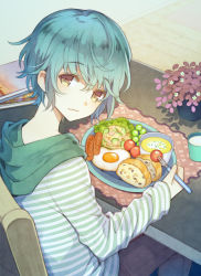 Rule 34 | androgynous, blue hair, blush, chair, cup, egg (food), food, fried egg, gender request, highres, kuroyuki, looking at viewer, original, plant, plate, potted plant, sausage, short hair, sitting, smile, table, yellow eyes
