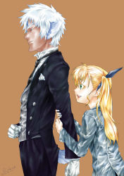 Rule 34 | 00s, 1boy, 1girl, :d, arm grab, blonde hair, blue dress, blue eyes, butler, dress, expressionless, formal, from side, gloves, height difference, jin nai, long sleeves, lyrical nanoha, mahou shoujo lyrical nanoha, mahou shoujo lyrical nanoha strikers, open mouth, profile, smile, standing, suit, vivio, white gloves, zafira