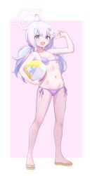 Rule 34 | 1girl, absurdres, ahoge, ball, bare arms, bare legs, bare shoulders, beachball, bikini, blue archive, blush, breasts, bsm (nerdmin), full body, hair ornament, halo, highres, holding, holding ball, holding beachball, long hair, looking at viewer, multicolored hair, navel, open mouth, pink hair, pink halo, purple bikini, purple eyes, purple hair, reisa (blue archive), sandals, side-tie bikini bottom, small breasts, smile, solo, star (symbol), star hair ornament, swimsuit, toes, twintails, v