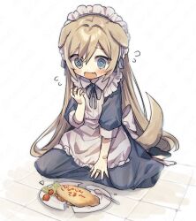 Rule 34 | 1girl, @ @, animal ears, apron, bandaid, bandaid on hand, blue dress, blue eyes, blush, broken, broken plate, brown hair, dog ears, dog girl, dog tail, dress, fang, flying sweatdrops, food, hand to own mouth, highres, long hair, maid, maid day, maid headdress, neoki ohae, omelet, omurice, on floor, open mouth, original, plate, sitting, solo, spoon, tail, very long hair, white apron, worried