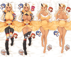Rule 34 | 10s, 1girl, ahoge, alternate breast size, bare shoulders, barefoot, bed, belt, blonde hair, blush, body armor, boots, breasts, breasts out, character doll, cookie, cyclops, dakimakura (medium), dark-skinned female, dark skin, doppel (monster musume), doppelganger, dress, flower, food, full body, gauntlets, green eyes, hair flower, hair ornament, heterochromia, horns, knee pads, kyuri tizu, large breasts, long hair, lying, manako, monster girl, monster musume no iru nichijou, multiple views, nipples, nude, on back, one-eyed, oni, panties, panty pull, pillow, purple hair, pussy, red eyes, red hair, shoulder pads, single horn, smile, stitches, sundress, tionishia, uncensored, underwear, undressing, very long hair, yellow dress, yellow eyes, zombie, zombina (monster musume)