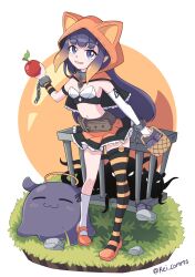 Rule 34 | 1girl, :3, absurdres, apple, asymmetrical legwear, basket, blunt bangs, breasts, cage, chain, commentary, detached sleeves, dress, english commentary, food, fruit, gloves, gradient hair, grass, halloween, halloween costume, halo, highres, holding, holding basket, hololive, hololive english, hood, hoodie, long hair, looking at viewer, mismatched legwear, mixed-language commentary, mole, mole under eye, multicolored hair, navel, ninomae ina&#039;nis, nsfwkei, octopus, open mouth, orange footwear, orange hair, orange hoodie, pointy ears, purple eyes, purple hair, rock, sidelocks, single detached sleeve, skirt, small breasts, smile, socks, striped clothes, striped thighhighs, takodachi (ninomae ina&#039;nis), tentacle hair, tentacles, thighhighs, twitter username, very long hair, virtual youtuber, white background, white gloves, white socks