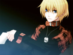 Rule 34 | 1boy, belt, blonde hair, blue eyes, collar, dark, dog tags, eye contact, jacket, jewelry, letter, looking at another, male focus, necklace, plaid, rin (togainu no chi), solo, togainu no chi, turtleneck