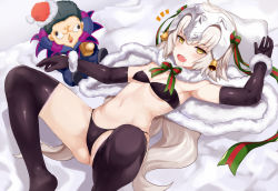 Rule 34 | 1girl, :o, ^^^, ahoge, armpits, ass, bandeau, bell, bikini, black bikini, black gloves, black thighhighs, blush, bow, bowtie, breasts, capelet, character doll, christmas, drooling, elbow gloves, eyebrows, fang, fate/grand order, fate (series), gilles de rais (caster) (fate), gloves, hair bow, hair ribbon, hat, headpiece, jeanne d&#039;arc (fate), jeanne d&#039;arc alter (fate), jeanne d&#039;arc alter santa lily (fate), jilllxlxl, knees up, long hair, looking at viewer, lying, navel, no shoes, on back, ribbon, santa hat, shadow, skindentation, small breasts, solo, spread legs, stomach, striped bow, striped bowtie, striped clothes, striped neckwear, swimsuit, thighhighs, thong bikini, underboob, very long hair, white hair, wrist cuffs, yellow eyes