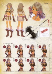 Rule 34 | 1girl, absurdres, atelier (series), atelier totori, axe, battle axe, belt, belt buckle, bikini, bikini top only, blazer, boots, breasts, brown gloves, buckle, character sheet, cleavage, crop top, cropped jacket, elbow gloves, expressions, female focus, frilled skirt, frills, full body, gloves, green eyes, hair ribbon, head scarf, high heel boots, high heels, highres, huge weapon, jacket, kishida mel, knee boots, kneehighs, legs, long hair, looking at viewer, mervia siebel, midriff, miniskirt, multiple views, narrow waist, non-web source, o-ring, o-ring top, official art, open clothes, open jacket, parted bangs, pink socks, puff and slash sleeves, puffy sleeves, ribbed legwear, ribbon, sidelocks, simple background, skirt, smile, socks, standing, swimsuit, tan, tanline, tassel, weapon