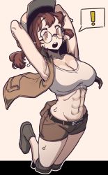 Rule 34 | !, 1girl, abs, absurdres, armpits, arms behind head, arms up, baseball cap, belt, belt buckle, belt pouch, black belt, black footwear, breasts, brown eyes, brown hair, brown shorts, buckle, cleavage, crop top, fio germi, glasses, hat, highres, knee pads, large breasts, masgamjya, metal slug, midriff, navel, open clothes, open mouth, open vest, pouch, round eyewear, shirt, short shorts, shorts, sleeveless, sleeveless shirt, solo, spoken exclamation mark, sweatdrop, toned, vest, white shirt
