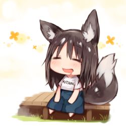 Rule 34 | 1girl, :d, = =, animal ears, barefoot, blue pants, brown hair, chibi, closed eyes, clothes writing, drooling, facing viewer, fox ears, fox tail, highres, mouth drool, open mouth, original, pants, shirt, sitting, smile, solo, sukemyon, tail, white shirt