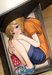 Rule 34 | 1girl, absurdres, bare legs, blue eyes, blue footwear, blue shorts, blush, box, brown hair, cellphone, commentary request, denim, denim shorts, fetal position, flower, from above, full body, hair flower, hair ornament, highres, hood, hood down, hoodie, idolmaster, idolmaster million live!, in box, in container, indoors, lying, on side, open mouth, orange hoodie, phone, shoes, short hair, short sleeves, shorts, smartphone, sneakers, solo, suou momoko, suzuki puramo, tears, wooden floor