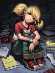 Rule 34 | 1980s (style), 1girl, blonde hair, blunt bangs, book, child, denim, dic entertainment, face, flashlight, green eyes, head tilt, hugging own legs, indoors, inspector gadget, jeans, looking at viewer, oldschool, pants, penny (inspector gadget), retro artstyle, saejin oh, sitting, solo, twintails, watch, wristwatch