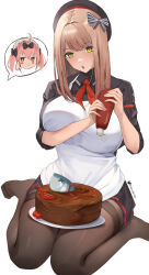 Rule 34 | 2girls, absurdres, apron, belt, beret, black shirt, black skirt, bottle, bow, breasts, brown hair, cake, chest harness, cleavage, cocoa (nikke), collared shirt, elvandec, emma (nikke), food, goddess of victory: nikke, harness, hat, heart, highres, holding, holding bottle, ketchup, large breasts, long hair, long sleeves, military, military uniform, multiple girls, neckerchief, pantyhose, parted lips, plate, pleated skirt, red neckerchief, shirt, sidelocks, sitting, skirt, sleeves rolled up, solo, thighband pantyhose, thumbs up, uniform, utility belt, white apron, yellow eyes