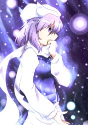 Rule 34 | 1girl, bad id, bad pixiv id, covering own mouth, dark495, female focus, hand over mouth, hand over own mouth, hat, highres, kuroyume (dark495), letty whiterock, light purple hair, purple eyes, scarf, short hair, snow, solo, touhou, white scarf