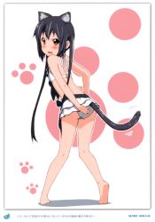 Rule 34 | 1girl, 2011, absurdres, animal ears, barefoot, bikini, black hair, blush, brown eyes, cat ears, cat tail, dated, errant, feet, from behind, full body, highres, k-on!, kemonomimi mode, long hair, looking back, nakano azusa, paw print, solo, swimsuit, tail, twintails