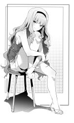 Rule 34 | 1girl, absurdres, barefoot, blunt bangs, breasts, chair, closed mouth, full body, greyscale, hairband, high heels, highres, idolmaster, idolmaster (classic), knee up, leaning forward, legs, long hair, looking at viewer, midnamana, monochrome, patterned background, sandals, shadow, shijou takane, shirt, shorts, sideboob, sidelocks, sitting, sleeveless, sleeveless shirt, small breasts, solo, thighs, toenails, toes, turtleneck, wavy hair