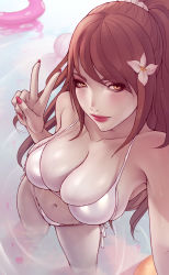 Rule 34 | 1girl, bikini, blush, breasts, brown eyes, brown hair, cleavage, closed mouth, collarbone, commentary, commission, english commentary, flower, from above, hair flower, hair ornament, large breasts, lips, long hair, looking at viewer, nail polish, navel, original, ponytail, selfie, solo, soranamae, standing, swimsuit, v, water, white bikini