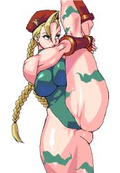 Rule 34 | 1girl, ass, blonde hair, blue eyes, breasts, cammy white, castella, curvy, hat, highleg, highleg leotard, huge ass, large breasts, leg up, leotard, lips, nipples, shiny skin, solo, street fighter, torn clothes