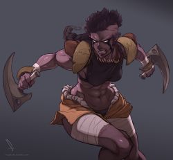 Rule 34 | 1girl, abs, angry, braid, colored skin, dual wielding, feguimel, female orc, grey skin, holding, midriff, monster girl, muscular, muscular female, navel, orc, original, pointy ears, ponytail, sharp teeth, solo, stomach, teeth, toned, weapon, wrist wrap