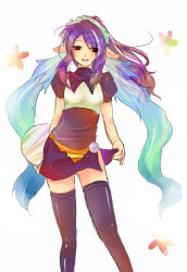 Rule 34 | 00s, 1girl, alternate costume, bad id, blue hair, breasts, judith (tales), legs, lifted by self, long hair, long pointy ears, looking at viewer, maid headdress, medium breasts, miniskirt, multicolored hair, pointy ears, puffy short sleeves, puffy sleeves, purple hair, red eyes, shinoji, short sleeves, side slit, skirt, smile, solo, standing, tales of (series), tales of vesperia, thighhighs, tray, very long hair, waitress, zettai ryouiki