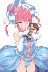 Rule 34 | 1girl, black hair, blade (galaxist), blue dress, blue eyes, blue leotard, blush, bow, closed mouth, commentary request, crown, detached sleeves, doll, dress, elizabeth bathory (cinderella rider) (fate), elizabeth bathory (fate), fate/grand order, fate (series), hair between eyes, hair bun, hair ribbon, heart, horns, jack-o&#039;-lantern, leotard, long sleeves, mini crown, pink bow, pink hair, pointy ears, ribbon, simple background, single hair bun, sleeveless, sleeveless dress, sleeves past wrists, solo, tiara, twintails, white background, white ribbon, white sleeves