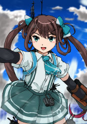Rule 34 | 1girl, arm warmers, asagumo (kancolle), ascot, blue ascot, blue sky, brown hair, cloud, commentary request, cowboy shot, grey eyes, grey skirt, hair ribbon, highres, kantai collection, long hair, machinery, mutsuki ken, pleated skirt, ribbon, shirt, short sleeves, skirt, sky, solo, suspender skirt, suspenders, translation request, twintails, white shirt