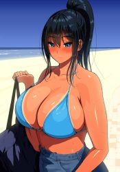Rule 34 | 1girl, arm at side, bag, bare shoulders, bikini, bikini tan, bikini top only, black hair, blue eyes, blue shorts, blush, breasts, buttons, cleavage, closed mouth, collarbone, commentary request, eyelashes, fingernails, hair between eyes, halterneck, hand up, holding, holding bag, large breasts, long hair, looking at viewer, makeup, mascara, navel, nose blush, original, ponytail, shorts, shoulder bag, sidelocks, smile, solo, standing, sweat, swimsuit, tan, tanline, upper body, youshu ohepe
