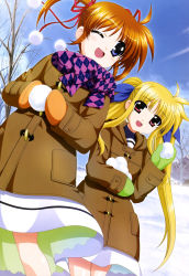 Rule 34 | 00s, 2girls, :d, ;d, absurdres, argyle, argyle clothes, argyle scarf, blonde hair, brown hair, coat, dress, fate testarossa, green mittens, hair ribbon, higa yukari, highres, long hair, long sleeves, lyrical nanoha, mahou shoujo lyrical nanoha, mittens, multiple girls, nyantype, official art, one eye closed, open mouth, orange mittens, purple eyes, red eyes, red hair, ribbon, scan, scarf, school uniform, short hair, short twintails, smile, snow, snowball, snowball fight, takamachi nanoha, toggle, twintails, winter