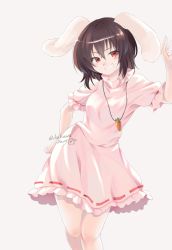Rule 34 | 1girl, animal ears, artist name, black hair, blush, carrot necklace, chikuwa savy, commentary, dress, feet out of frame, grey background, grin, hair between eyes, hand up, highres, inaba tewi, jewelry, looking at viewer, necklace, pink dress, puffy short sleeves, puffy sleeves, rabbit ears, red eyes, ribbon-trimmed dress, short dress, short hair, short sleeves, simple background, smile, solo, standing, symbol-only commentary, touhou, twitter username