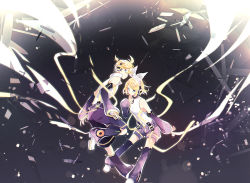Rule 34 | 1boy, 1girl, aqua eyes, belt, black background, black shorts, black sleeves, black thighhighs, blonde hair, bloom, bow, commentary, debris, detached sleeves, floating, full body, grey shorts, hair bow, hair ornament, hairclip, hand on own chest, headphones, kagamine len, kagamine len (append), kagamine rin, kagamine rin (append), leaning forward, leg up, leg warmers, looking at viewer, looking back, pendant choker, shirt, short hair, short ponytail, shorts, sleeveless, sleeveless shirt, spiked hair, suzumi (fallxalice), swept bangs, thighhighs, treble clef, vocaloid, vocaloid append, white bow, white shirt, zettai ryouiki