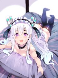 Rule 34 | 10s, 1girl, :d, ass, atsutoku, black thighhighs, blue thighhighs, blush, butterfly hair ornament, chaika trabant, collar, hair ornament, hairband, highres, hitsugi no chaika, lolita hairband, long hair, lying, no shoes, on stomach, open mouth, perspective, pillow, pillow grab, purple eyes, silver hair, smile, solo, thighhighs, topless, underwear, underwear only