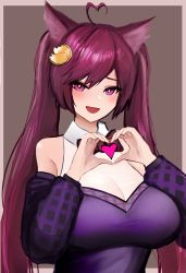 Rule 34 | 1girl, absurdres, ahoge, animal ears, bare shoulders, blush, bow, bowtie, breasts, brown background, cat ears, cleavage, hair ornament, hairclip, heart, heart ahoge, heart hair, heart hands, highres, indie virtual youtuber, large breasts, pink eyes, purple hair, saralene (vtuber), solo, star eyes, sweater, transparent top, twintails, virtual youtuber, wawamachi (wawamachis)
