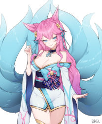 Rule 34 | 1girl, ahri (league of legends), alternate hair color, animal ear fluff, animal ears, bael (chltnqls0415), bell, blue eyes, blue tail, breasts, cleavage, facial mark, fox ears, fox tail, hair bell, hair ornament, korean clothes, kyuubi, large breasts, league of legends, long hair, looking at viewer, low neckline, multiple tails, off shoulder, pink hair, simple background, solo, spirit blossom ahri, tail, vastaya, very long hair, whisker markings, white background