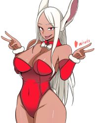 Rule 34 | 1girl, :p, animal ears, bare shoulders, boku no hero academia, bow, bowtie, breasts, character name, cleavage, covered navel, cowboy shot, dark-skinned female, dark skin, detached collar, detached sleeves, double v, female focus, fur-trimmed sleeves, fur trim, heart, highleg, highleg leotard, highres, large breasts, leotard, long eyelashes, long hair, looking at viewer, mirko, parted bangs, playboy bunny, rabbit ears, rabbit girl, rabbit tail, red eyes, red leotard, smile, solo, strapless, strapless leotard, tail, takasuke 0120, thick thighs, thighs, toned, tongue, tongue out, v, very long hair, white background, white bow, white bowtie, white hair
