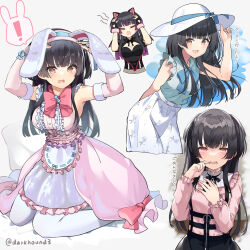 Rule 34 | !, 1girl, animal-shaped speech bubble, animal ear hairband, animal ears, apron, black gloves, black hair, black skirt, blunt ends, breasts, cat ears, center frills, clothing cutout, collage, commentary request, cropped legs, cropped torso, dark hound 3, dress, fake animal ears, fingerless gloves, frilled apron, frills, fur-trimmed gloves, fur trim, gloves, hairband, hat, heart cutout, highres, idolmaster, idolmaster shiny colors, jirai kei, kemonomimi mode, long hair, mayuzumi fuyuko, medium breasts, multiple views, official alternate costume, pantyhose, pink dress, pink shirt, rabbit ear hairband, rabbit ears, shirt, simple background, skirt, spoken exclamation mark, sun hat, twitter username, two side up, very long hair, white background, white pantyhose, white skirt