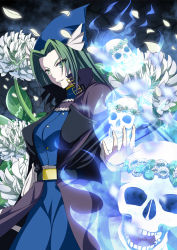 Rule 34 | 1girl, belt, cape, clover, clover (flower), dress, flaming skull, flower, gradient background, green eyes, green hair, hat, head wreath, high collar, inoshira, leaf, long hair, matching hair/eyes, mima (touhou), outstretched hand, pale skin, parted lips, solo, touhou, touhou (pc-98), wizard hat