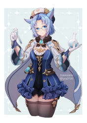 Rule 34 | 1girl, animal ears, black thighhighs, blue eyes, blue hair, cape, cat ears, commission, cropped legs, facial mark, final fantasy, final fantasy xiv, flask, genshin impact, glasses, gloves, hat, highres, looking at viewer, lyra-kotto, miqo&#039;te, parted bangs, round-bottom flask, round eyewear, short hair, simple background, solo, sucrose (genshin impact), test tube, thighhighs, warrior of light (ff14), whisker markings