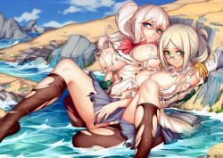 Rule 34 | 10s, 2girls, beach, black legwear, blue eyes, blush, burnt clothes, covered erect nipples, day, embarrassed, epaulettes, folded ponytail, full body, gloves, green eyes, hair between eyes, kantai collection, kashima (kancolle), katori (kancolle), kira (artist), light brown hair, lips, looking at viewer, lying, military, military uniform, multiple girls, on back, on person, outdoors, pantyhose, parted bangs, rock, see-through, silver hair, thighhighs, thighs, torn clothes, torn legwear, uniform, water, wavy hair, white gloves
