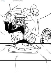 Rule 34 | 1boy, 1girl, ?, breasts, chef hat, commentary request, dracule mihawk, drill hair, fish, ghost, greyscale, hat, kitchen knife, knife in mouth, korean commentary, large breasts, long hair, monochrome, mouth hold, mu (arone5023), one piece, perona, speech bubble, spoken question mark, table, triple wielding, very long hair