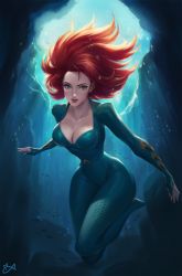 Rule 34 | 1girl, absurdres, air bubble, aquaman (series), blue eyes, blurry, bodysuit, breasts, bubble, citemer, cleavage, collarbone, dc comics, depth of field, emblem, fish, highres, long hair, looking at viewer, medium breasts, mera (dc), ocean, parted lips, red hair, rock, scales, narrow waist, smile, solo, superhero costume, underwear