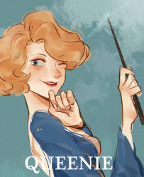 Rule 34 | 1girl, character name, curly hair, fantastic beasts and where to find them, harry potter (series), highres, jungujun, one eye closed, orange hair, queenie goldstein, solo, teeth, upper body, wand, wizarding world