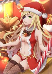Rule 34 | 1girl, blonde hair, breasts, candy, candy cane, cleavage, commentary request, dress, eyepatch, fishnet thighhighs, fishnets, food, green eyes, hat, highres, holding, holding candy, holding candy cane, holding food, long hair, medium breasts, navel, othinus, red dress, santa costume, santa hat, sitting, solo, thighhighs, toaru majutsu no index, toaru majutsu no index: new testament, zack betsuaka