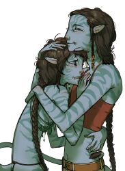 Rule 34 | 2girls, absurdres, alien, animal ears, avatar: the way of water, blue skin, braid, brown hair, cat ears, character request, colored skin, commentary, commentary request, crying, highres, hug, james cameron&#039;s avatar, james cameron's avatar, jewelry, jui (dirtybigrat), kiri (avatar), long hair, mother and daughter, multiple girls, na&#039;vi, navel, necklace, neytiri, open mouth, pointy ears, science fiction, simple background, smile, snot, tail, tank top, tearing up, tribal, white background