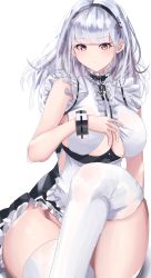Rule 34 | 1girl, absurdres, azur lane, bad id, bad pixiv id, breasts, crossed legs, dido (azur lane), dress, ekaki no mime, hair ribbon, hairband, hand on breast, highres, large breasts, long hair, looking at viewer, maid, purple eyes, ribbon, silver hair, solo, thighhighs, thighs, white background, white thighhighs