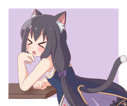 Rule 34 | &gt; &lt;, 1girl, :o, absurdres, animal ear fluff, animal ears, bare arms, bare shoulders, blush, bow, cat ears, cat girl, cat tail, closed eyes, facing viewer, fang, frilled skirt, frills, hair between eyes, hair bow, hana kazari, highres, karyl (princess connect!), leaning forward, long hair, low twintails, multicolored hair, no detached sleeves, open mouth, princess connect!, purple background, purple bow, purple skirt, shirt, skirt, sleeveless, sleeveless shirt, solo, streaked hair, tail, twintails, two-tone background, very long hair, white background, white hair, white shirt