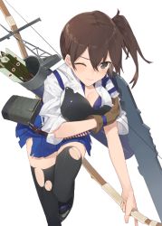 Rule 34 | 10s, 1girl, armor, arrow (projectile), black thighhighs, bow (weapon), breastplate, breasts, brown eyes, brown gloves, brown hair, cleavage, flight deck, gloves, hayashi kewi, kaga (kancolle), kantai collection, large breasts, looking at viewer, machinery, one eye closed, quiver, shirt, side ponytail, single glove, skirt, solo, thighhighs, thighs, torn clothes, torn shirt, torn skirt, torn thighhighs, weapon, zettai ryouiki