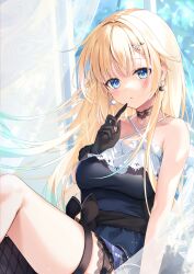 Rule 34 | 1girl, :o, aizawa ema, bare shoulders, blonde hair, blue eyes, breasts, choker, collarbone, criss-cross halter, curtains, dress, earrings, fuyoyo, gloves, halterneck, highres, jewelry, lace, lace choker, lace trim, long hair, looking at viewer, medium breasts, sitting, solo, thigh strap, virtual youtuber, vspo!